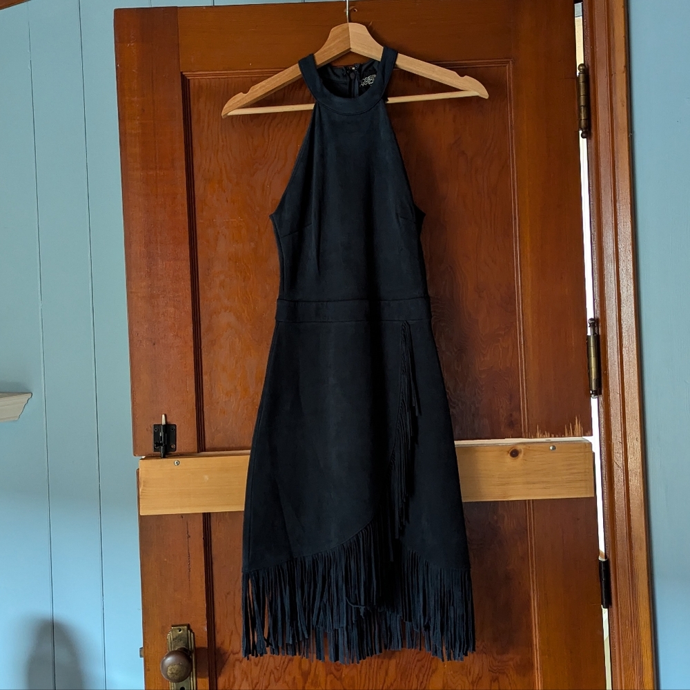 Macy's Halter stretch fringe suede body on dress